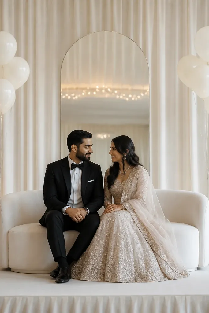 A mirrored acrylic sign stands centered behind the couple, with a subtle reflection of warm lights. On both sides are small clusters of white balloons tied with thin ribbons. The rest of the stage has plain ivory drape and two low candle stands.