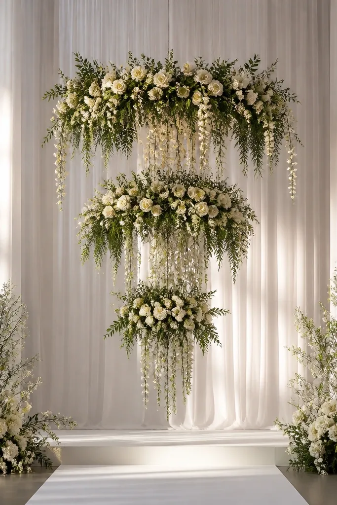 A tall arrangement hangs like a chandelier with multiple tiers of greenery and ivory flowers suspended from above. The lights above create a soft sparkle on the petals. The stage floor is kept minimal with a white runner and two side arrangements.