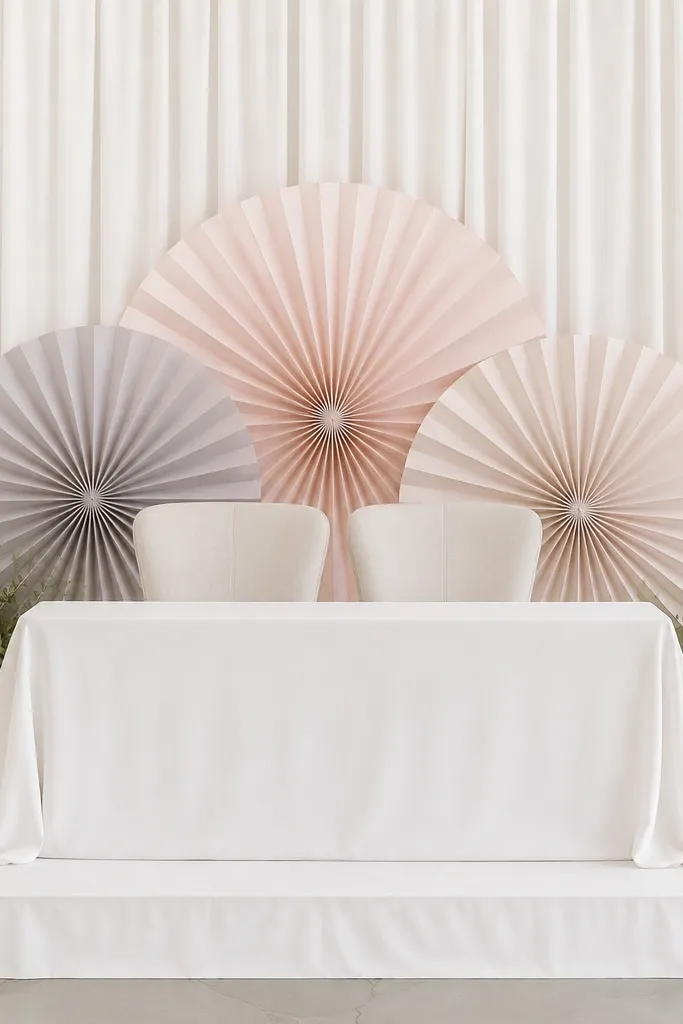 A backdrop made of matte white fabric with three large paper fan shapes in blush and soft gray. The fans sit centered behind the couple's chairs, with a small line of greenery at the bottom. The stage has clean white linens and no dense florals.