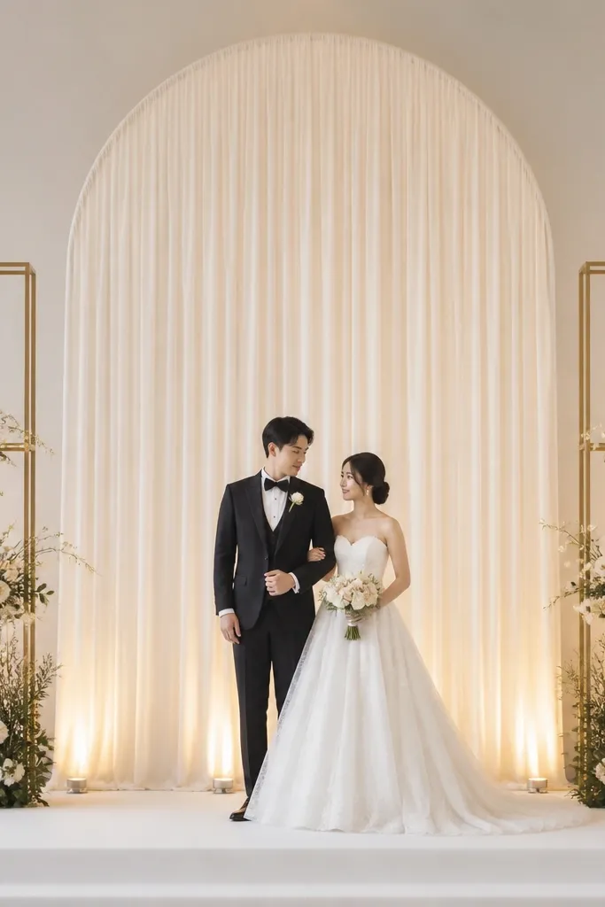 A tall ivory chiffon arch centered behind the couple, with two gold metal corner frames at stage left and right. The chiffon hangs in soft vertical folds and there are small warm white uplights at the base.