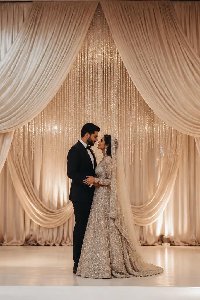 Champagne satin drapes hang in layered swags behind the couple, and a curtain of crystal fringe sparkles from the center down to mid-height. The stage has warm spotlights that make the fringe flash subtly.