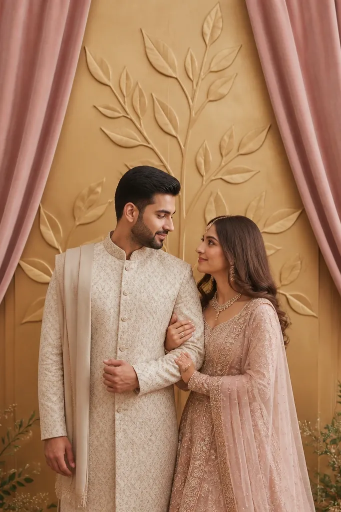 Blush velvet curtains frame the couple, with a centered matte gold leaf panel holding both names. The stage lighting is warm and the velvet has a smooth, non-shiny surface.