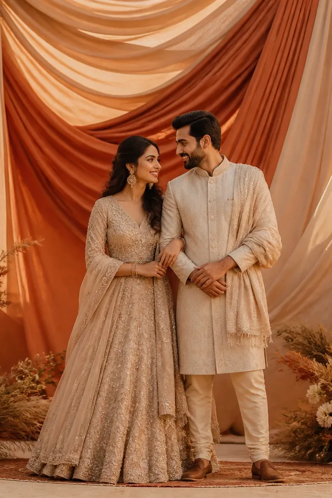 Terracotta and cream fabric drapes form a layered backdrop behind the couple, with dried flower clusters in warm browns and creams placed at the base corners. The stage looks earthy and warm under sunset lighting.
