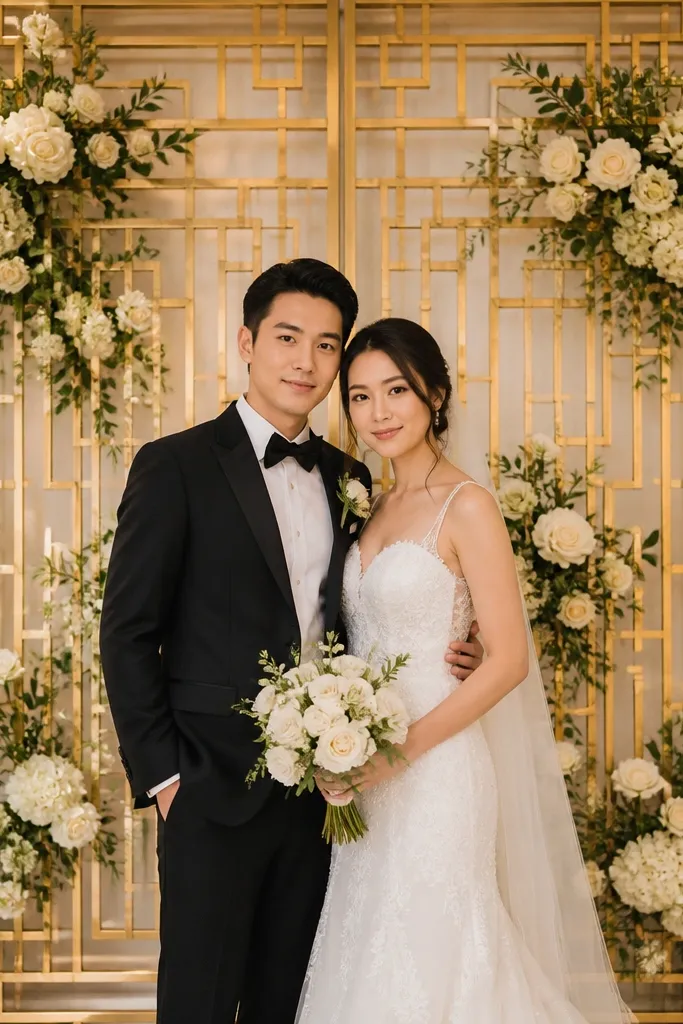 A gold geometric lattice panel forms the backdrop, with warm white and cream florals woven into the grid. The couple stands centered, and the background pattern is crisp and symmetrical.