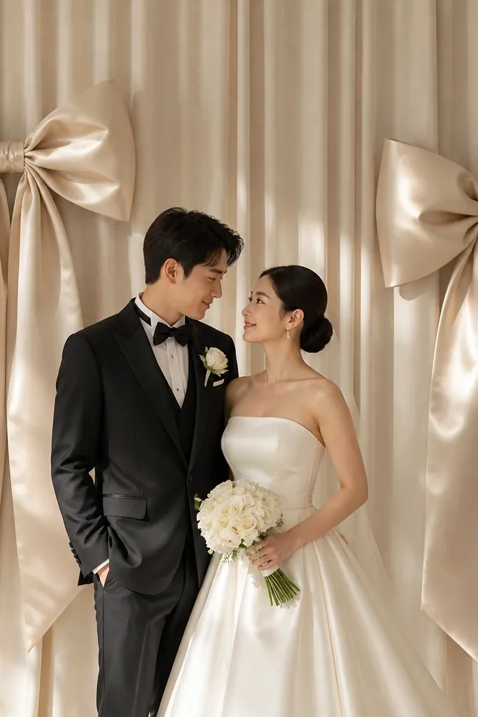 A neutral beige drape wall with two oversized silk ribbon bows mounted left and right behind the couple. The ribbons have long tails and catch warm light, creating a soft sculpted look.