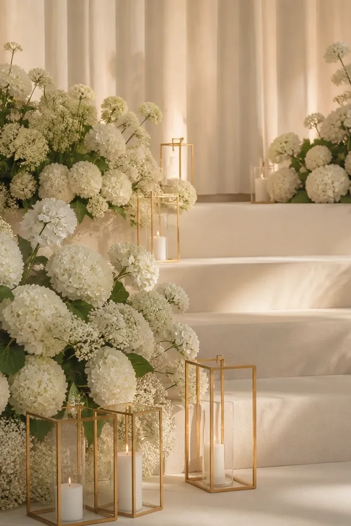 White hydrangea-heavy arrangements sit on layered stage steps, with gold candle frames on the floor. The backdrop is a simple cream drape and the lighting is warm.