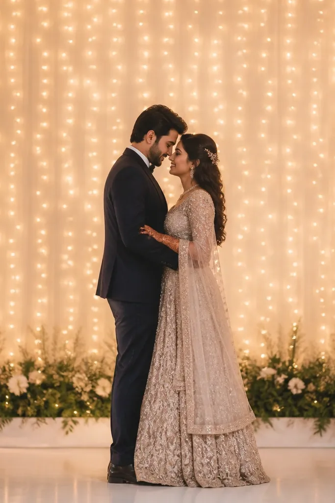 A warm white fairy light curtain hangs behind the couple like a soft curtain of dots, with minimal greenery along the stage base. The lights glow evenly without visible wiring.