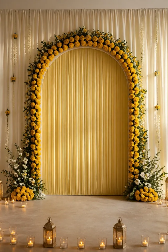 A rented haldi backdrop stands center, with a clean structured design. Around it, a ring of small lanterns and tea lights sits on the floor. The setup looks warm and photo-ready with soft shadows.