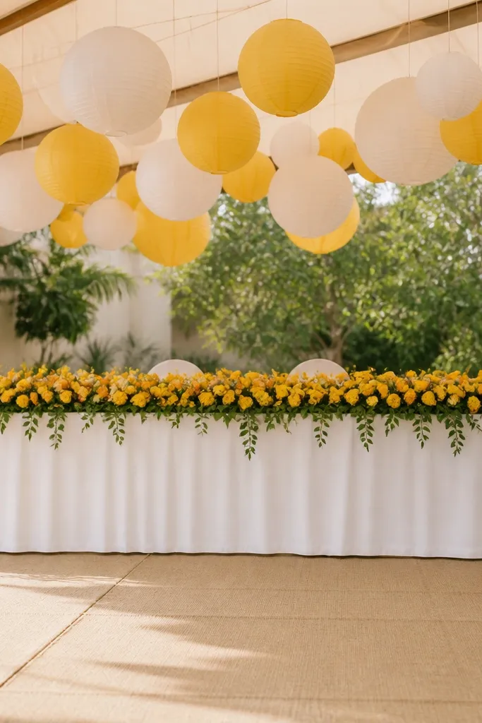 Paper lanterns hang overhead in a gentle cluster of yellow and white. Below, a marigold garland runs along a table or stage front with a clean tablecloth. The floor cover looks protective and tidy.