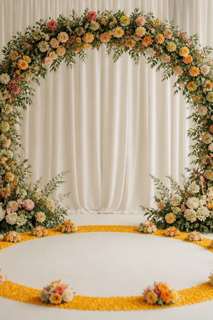 A rented floral arch stands as the main backdrop. On the floor, a circular halo is made from marigold petals and small flower clusters. The floor cover is clean and turmeric is kept off the decorative layer.
