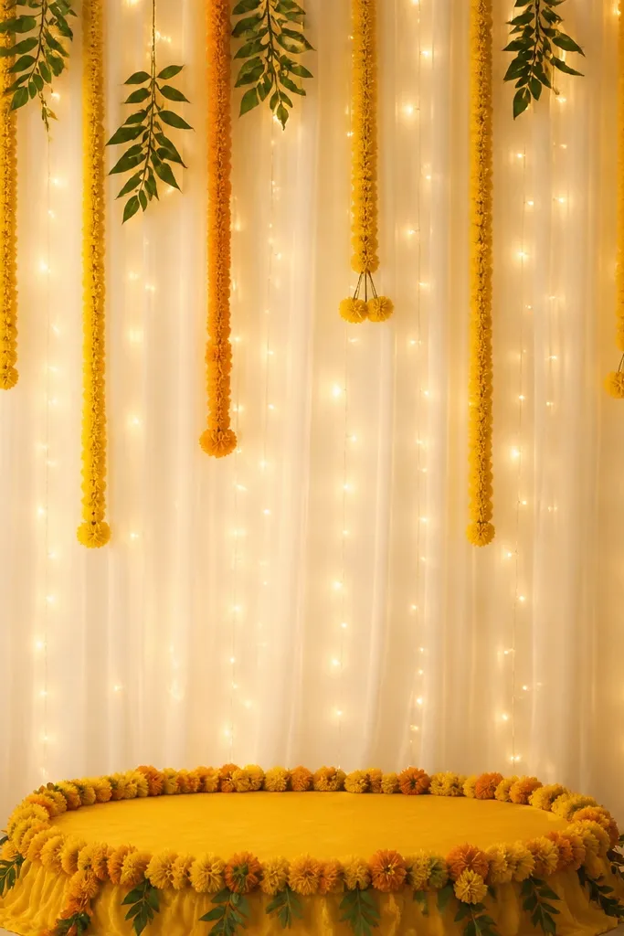 A sheer cream curtain backdrop behind a haldi setup, with warm white fairy lights hanging in neat vertical strands from top to bottom. Marigold garlands and a few green leaves are placed in front of the curtain, and the lights glow softly without any visible wires.