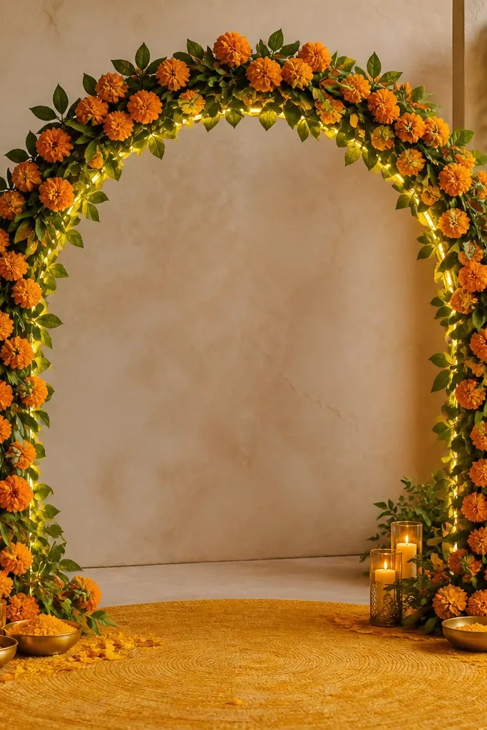 A flower arch made of marigolds and green leaves, with a warm white LED strip tucked along the inner curve of the arch. The strip is hidden behind leaves, creating a glowing outline effect. The base has haldi decor and a clean, cable-free look.