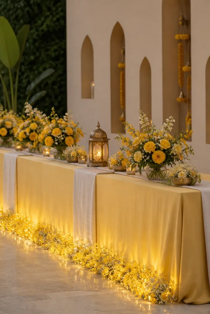 A long haldi table with a light-colored runner. Warm fairy lights are arranged in a U-shape along the base edge, glowing upward slightly. Flowers and a small lamp-like centerpiece sit on top, with no visible cords.