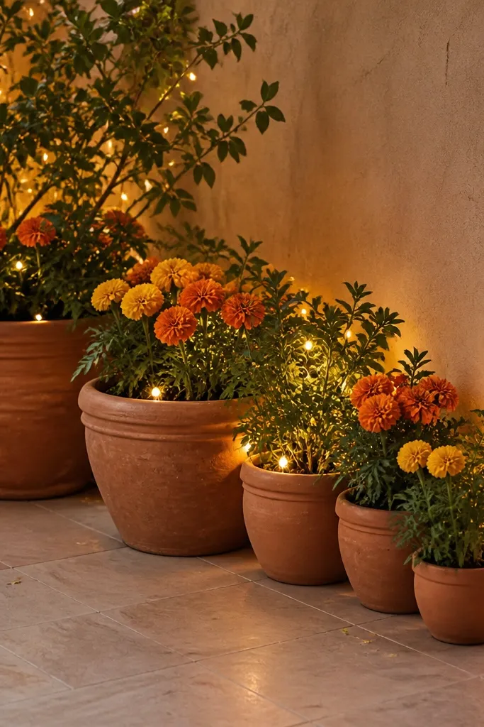 Several terracotta pots filled with marigolds and leaves placed along a corner. Warm string lights are tucked behind pot foliage, creating a glowing effect around the plants. The pots sit on a floor with a clean cable setup.