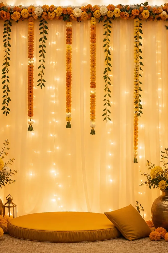 Warm fairy lights are strung behind a sheer white gauze veil. The gauze creates a diffused, fog-like glow across the haldi backdrop area. Garlands hang in front, and the wires are hidden behind the gauze frame.