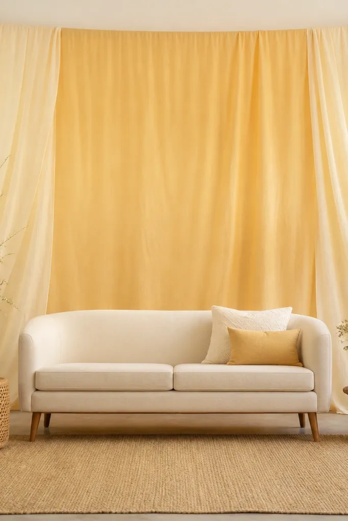 A cream and soft-yellow backdrop made from two layers of fabric, with the top edge pinned to a frame. The center has a slightly darker golden panel behind the seating area. The sides fade lighter toward the edges.