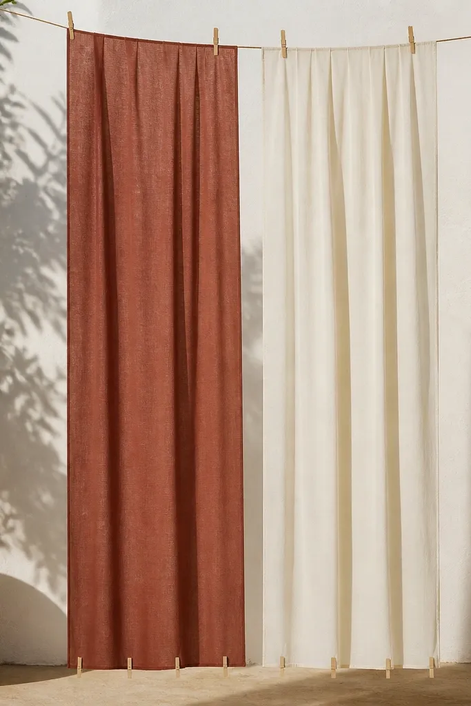 Two long fabric panels hanging smoothly with straight vertical folds. The fabric surface looks flat, with no loose waves. Small clothespins hold the bottom edge to prevent fluttering.