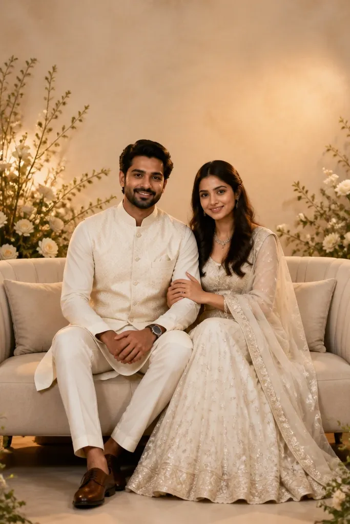 Two warm LED lights on stands aimed toward the backdrop, with one light slightly above eye level. The couple's seat area is evenly lit, and the background has a soft glow.