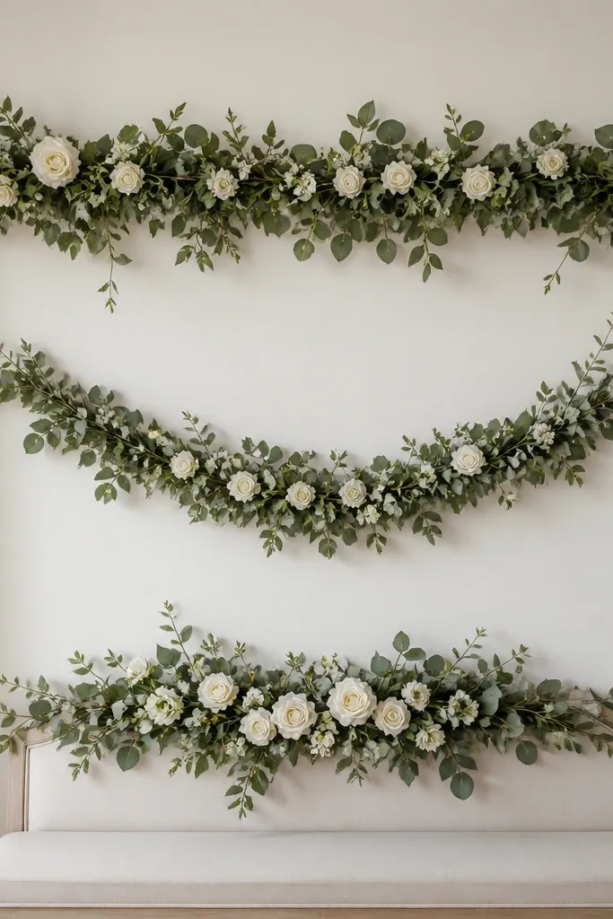 A layered garland arrangement: a long garland runs across the top, a second garland hangs in the middle, and a third cluster sits lower around the seat back. The layers do not touch each other.