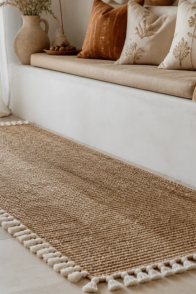 A jute runner on the floor with cotton tassel trim on the edges. The runner sits under a decorated seat platform and looks textured, not fluffy.