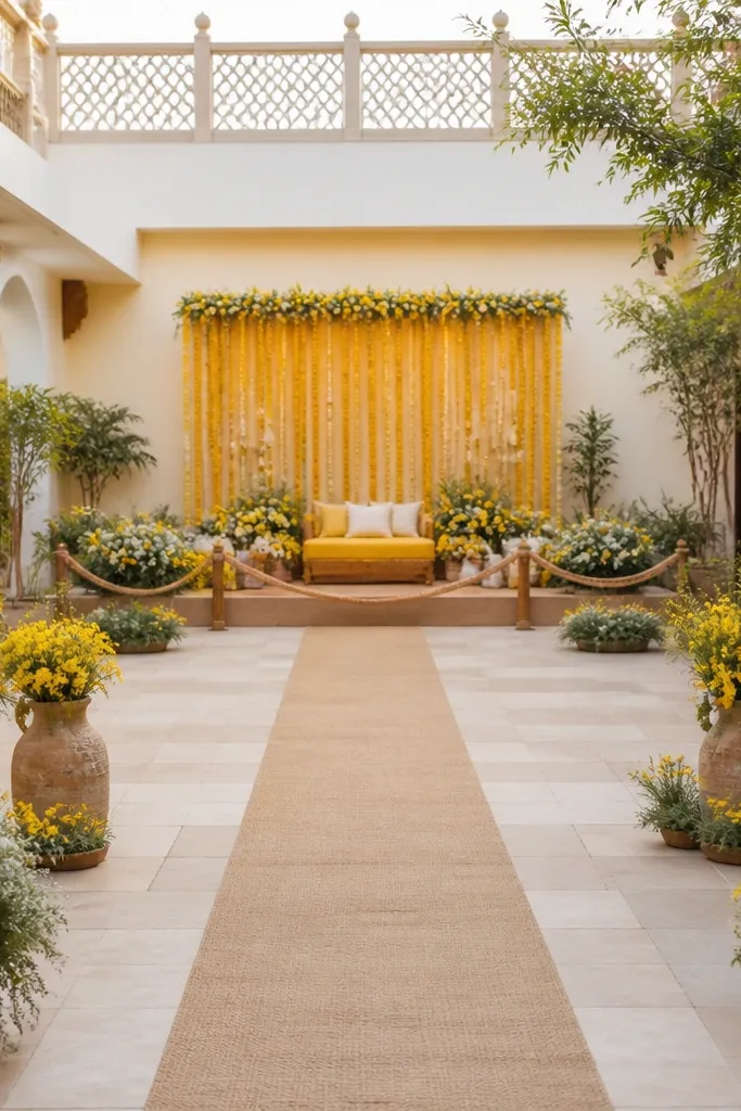 A clear walkway marked by a subtle runner path from the entrance to the haldi seat area. The decorated zone is separate with a jute boundary.