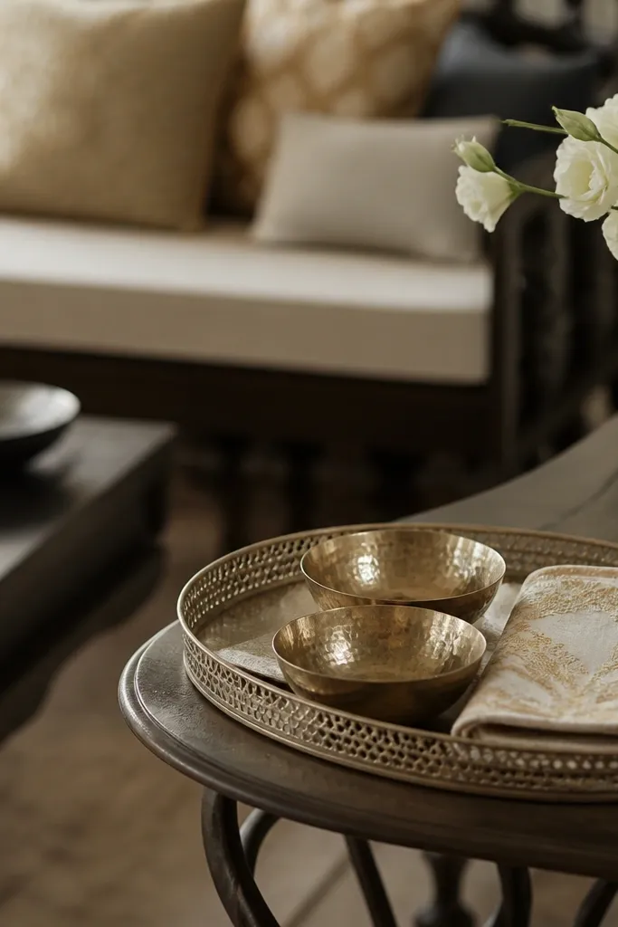 Two matching metal bowls on a tray with folded cloth napkins in cream and gold. The bowls are placed on the side of the main seating area, not in the center.