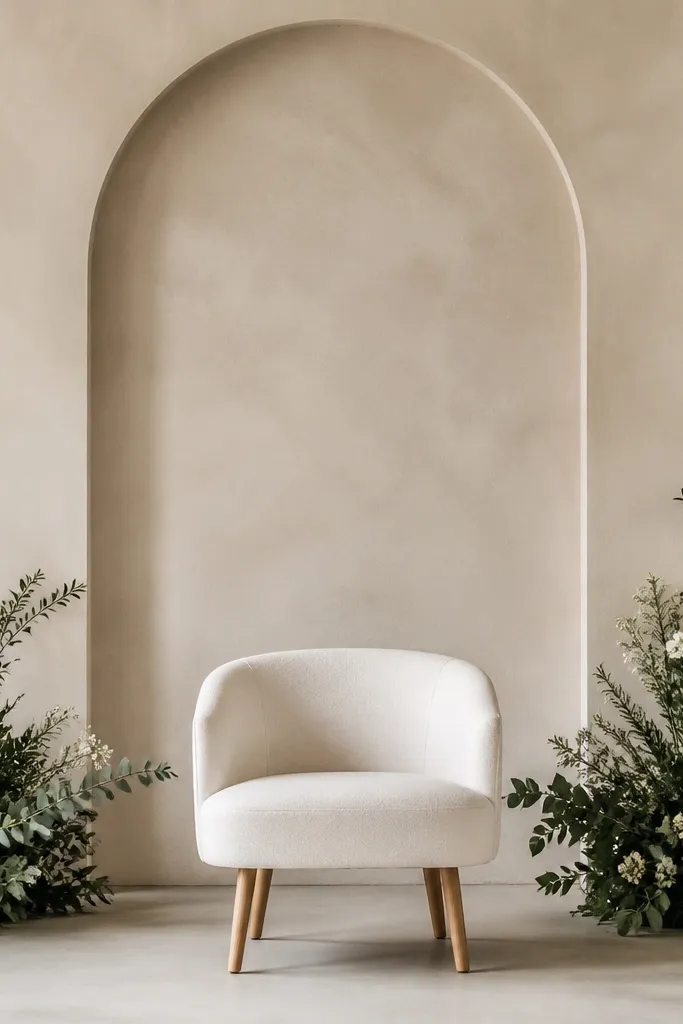 Small clusters of faux or fresh greenery placed at bottom corners of the backdrop, with a slight upward angle. The greenery frames the seat without covering the center.