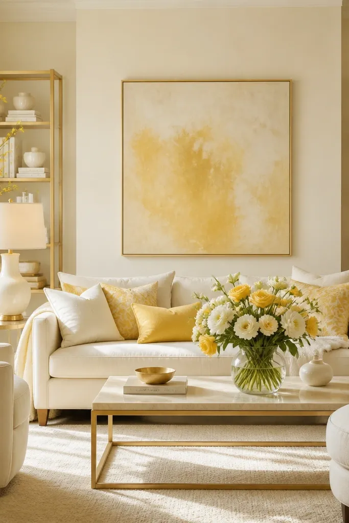 A color layout guide shown as a finished setup: large areas are cream, mid areas are soft golden, and small accents are bright yellow and white flowers.