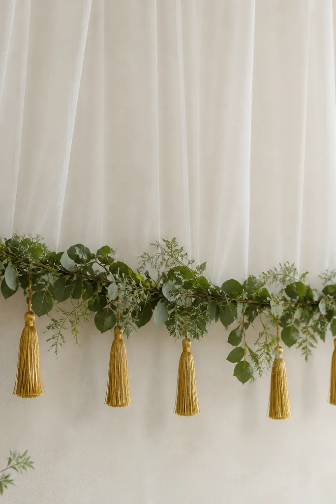 A semi-sheer white tulle layer hanging behind a garland, with gold tassels attached along the lower edge. The tulle is light and not bunched.