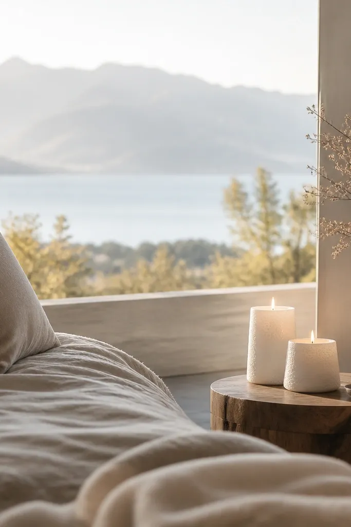 Matte white candle holders on the side table with warm LED candles. No reflective plastic, and the background remains the focus.