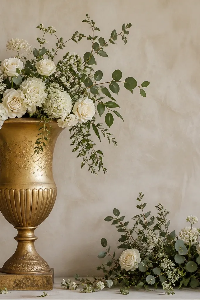 A large decorated urn or tall vase in golden tones placed to one side of the backdrop. Smaller flowers and leaves fill the rest of the space.