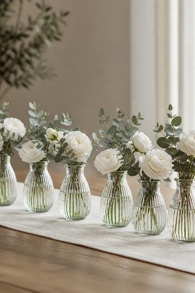 A row of ribbed clear glass bud vases on a cream linen runner, each filled with water tinted slightly green, with small white garden roses and dusty sage eucalyptus sprigs. Tapers in brass holders sit at both ends.