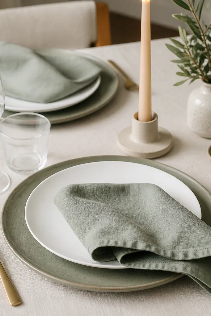 Sage green glazed ceramic chargers under crisp white dinner plates, with a thin gold fork and a folded sage napkin. The table has a light ivory linen cloth and a single tall candle centerpiece.