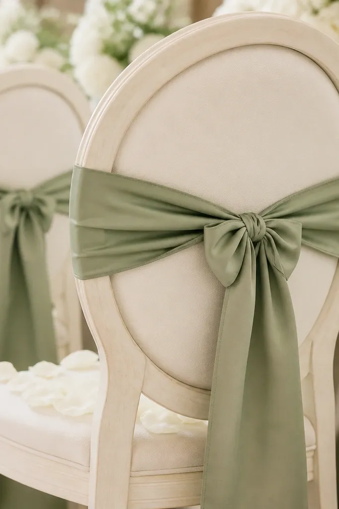 Dining chairs with ivory chair backs tied with a soft sage silk ribbon sash forming a neat bow, with small white rose petals scattered on the seat edge.