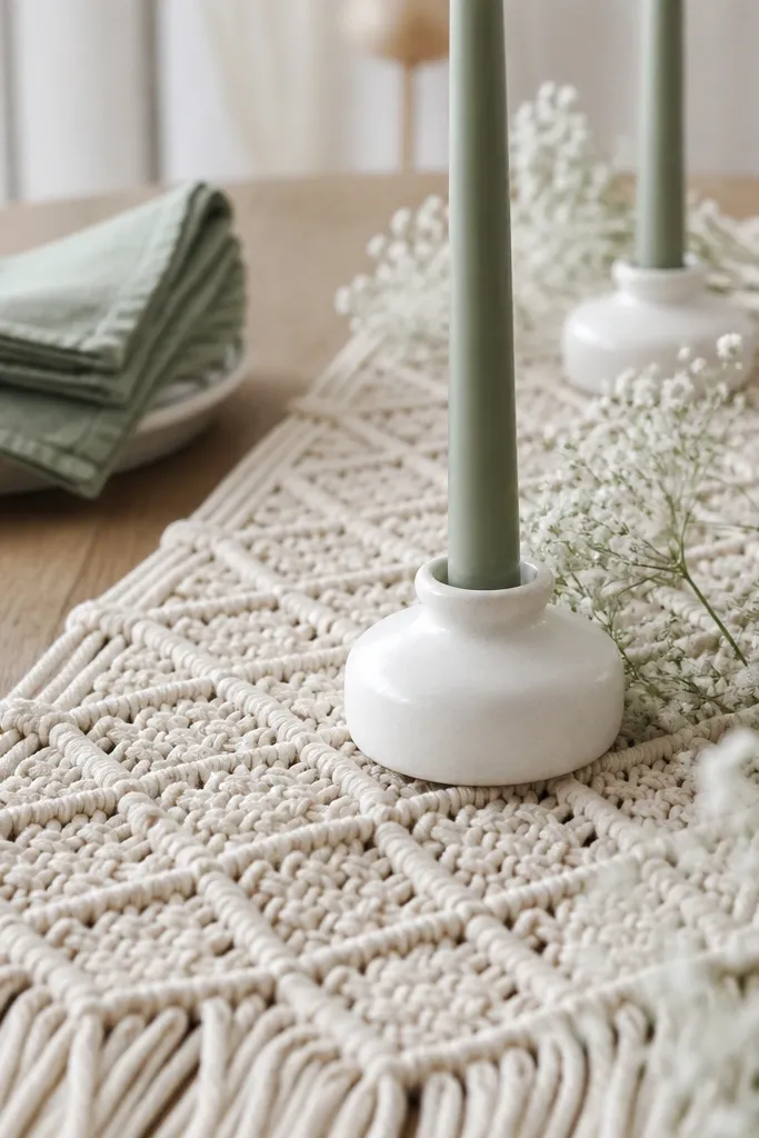 A cream macrame table runner with sage taper candles in white ceramic holders, plus small white baby's breath clusters. The background shows a muted sage linen napkin stack.