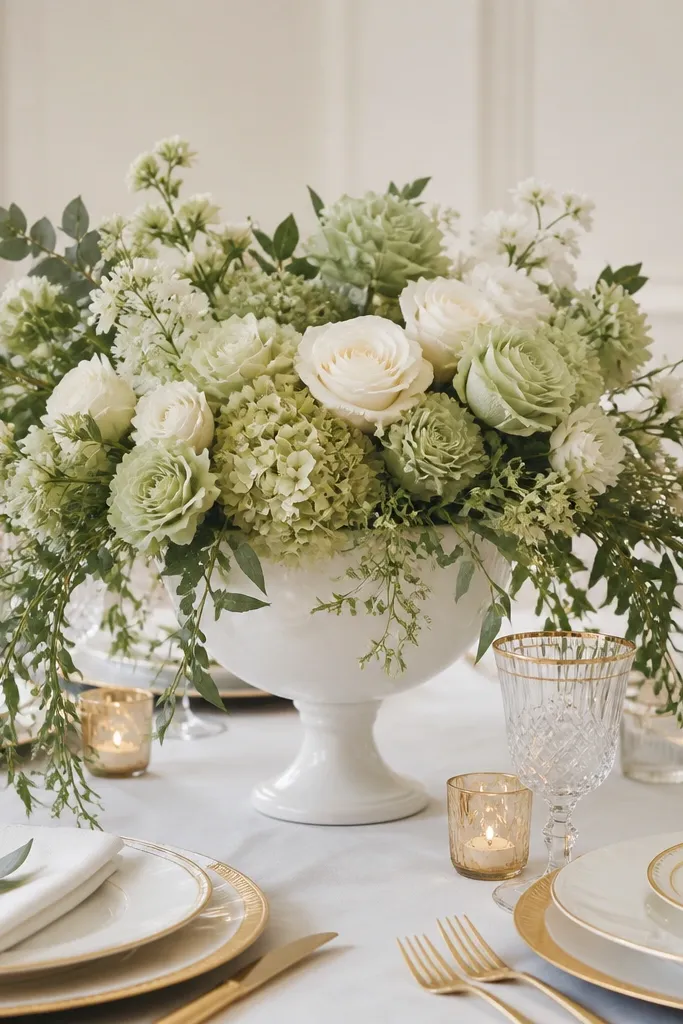 A white pedestal bowl filled with an ombre arrangement from pale sage to white, with long greenery draping over the sides. Surrounding place settings are ivory and gold.