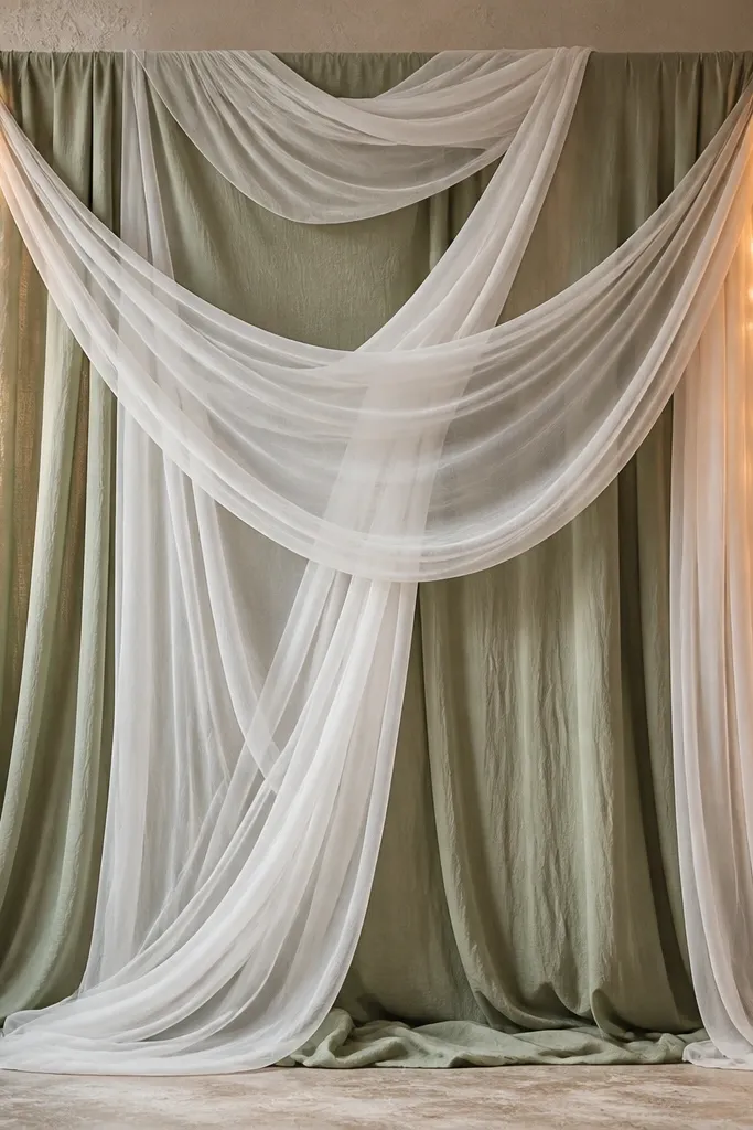 A photo backdrop made of draped sage linen panels with airy white sheer fabric layered in soft waves, pinned to a simple frame. Warm string lights hang along the sides.