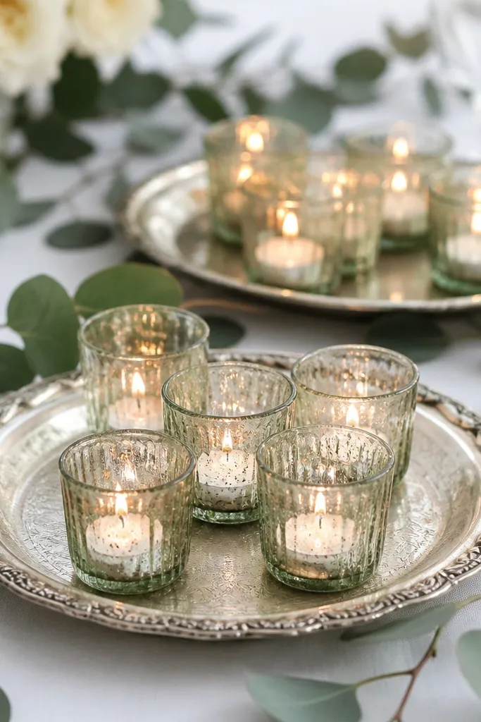 Antique silver trays holding multiple small sage-tinted glass votives, each with a tealight inside. The trays sit on a white tablecloth with scattered eucalyptus leaves.