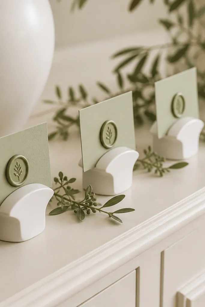 White ceramic place card holders with sage green cards and matching wax seals, sitting in a row on an ivory buffet table. Small sprigs of greenery are placed between holders.