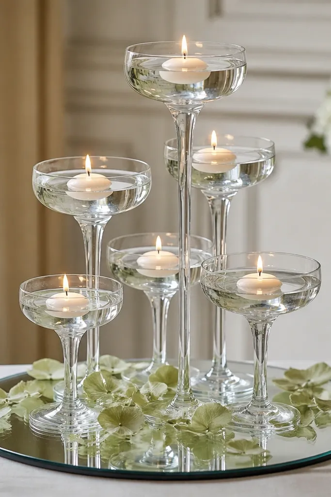 A glass riser tower with shallow bowls holding floating tea lights, with sage-green petals scattered around. The base sits on a mirror-like tray.