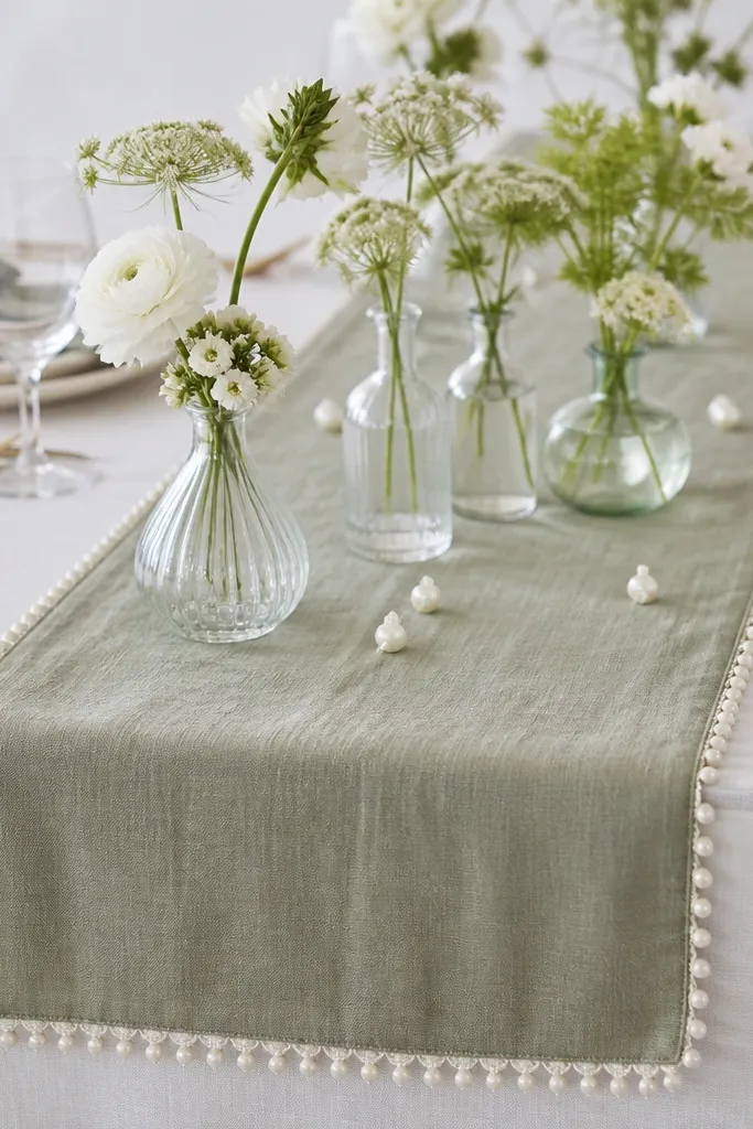 A sage green linen runner with a white beaded fringe edge, laid across a white tablecloth. A set of bud vases and small pearl-like decor sit along the runner.
