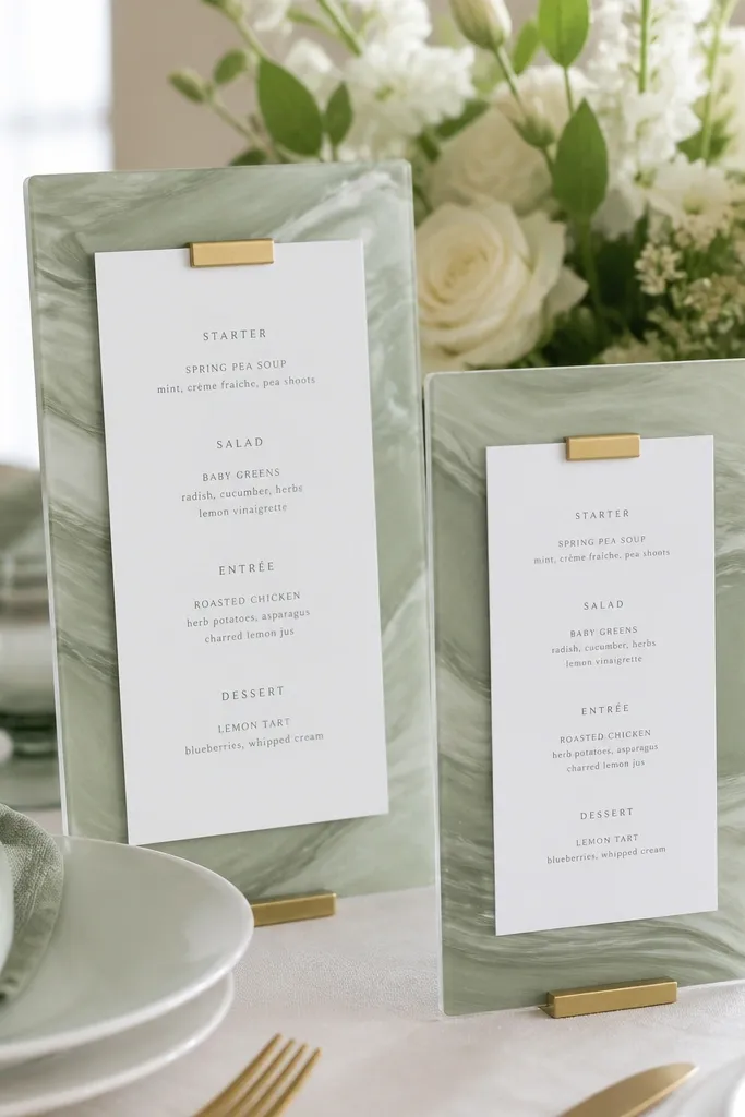 Marbled acrylic menu signs in sage tones held upright on a table, with white printed menus and small gold clips. Behind them are sage napkins and a white floral arrangement.