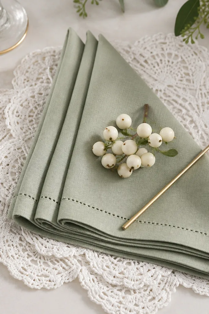 Sage green cocktail napkins folded on top of white cotton lace doilies, with a small cluster of white berries and a gold-toned drink stirrer.