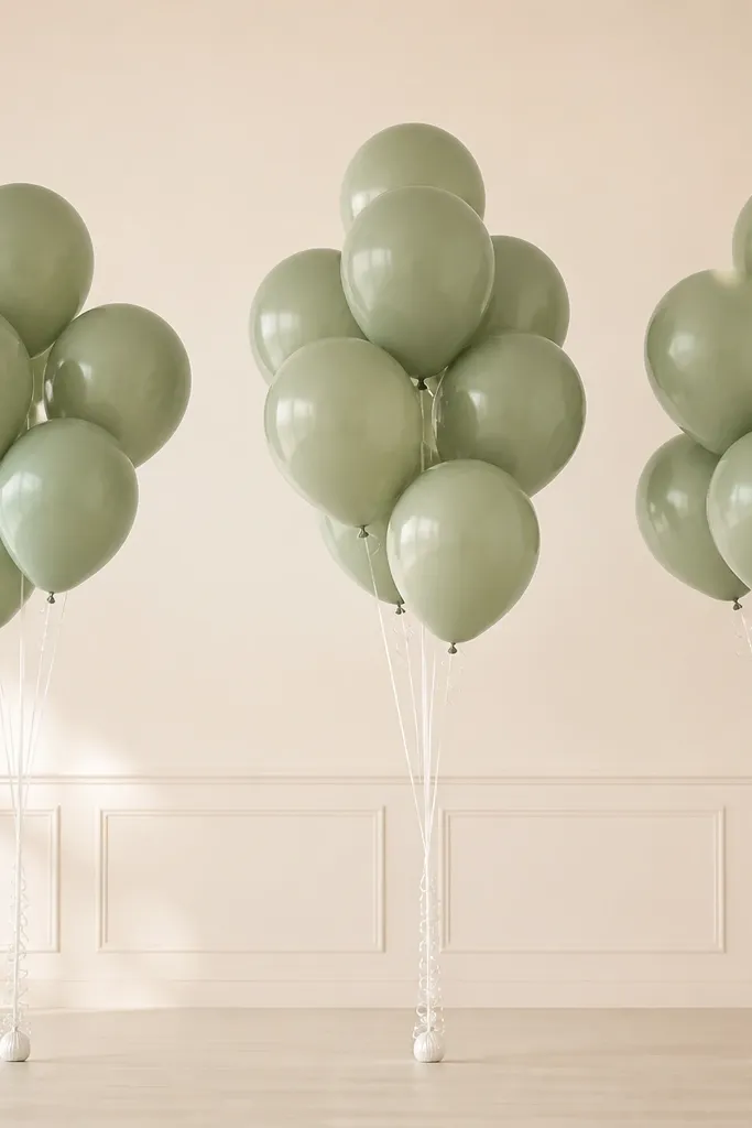 Clusters of sage green balloons tied in groups, with white ribbon tails weighted so they hang straight. The background is a cream wall with soft lighting.
