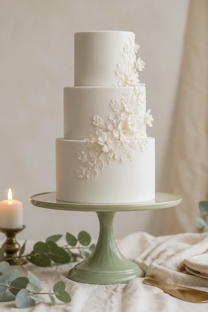 A white wedding cake on a tall sage green cake stand with a subtle gold rim, set on a table with ivory linens and a few sage eucalyptus branches. Warm candles glow nearby.