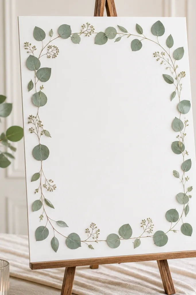 A white welcome signboard with sage lettering, bordered by pressed eucalyptus leaves arranged evenly. The sign sits on an easel on a cream fabric runner.