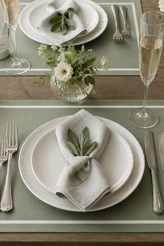 A top-down dinner table with sage green placemats that have a crisp porcelain-white border. Each place has a small white ceramic card holder with a black ink name written in thin script. Champagne stemware sits near the plates, and a few sage leaves are tucked into the napkin fold. The background is softly lit, showing the placemats' matte texture and clean edges.