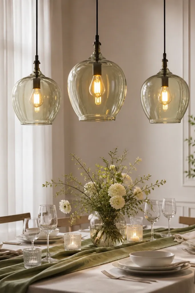 A dinner table with three clear glass lanterns hanging low over the center. Inside each lantern is a warm amber bulb, and the glass has a faint sage tint from the surrounding drape. The table has white tableware and a sage runner, and the lanterns cast soft circles of light on the plates. The background includes white sheer fabric and a pale wall, making the warm glow stand out.