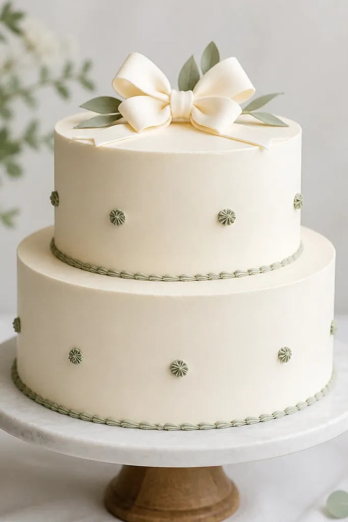 A two-tier round wedding cake with ivory buttercream. The tiers are wrapped with a thin sage green piped border that looks like a ribbon, with small rosette dots spaced evenly between the border lines. The top has a simple ivory fondant bow and a few sage-green sugar leaves.