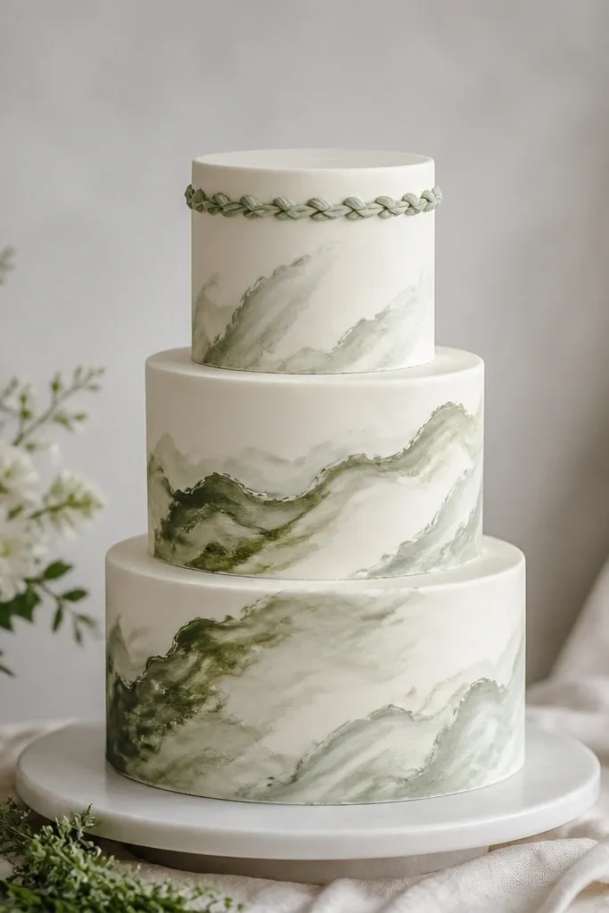 A three-tier cake with a mostly ivory base and hand-painted-looking sage green swirls on each tier. The swirls fade from deeper sage to lighter gray-green, with soft edges like watercolor. The top tier has a smooth ivory cap with a single sage piped accent near the top.
